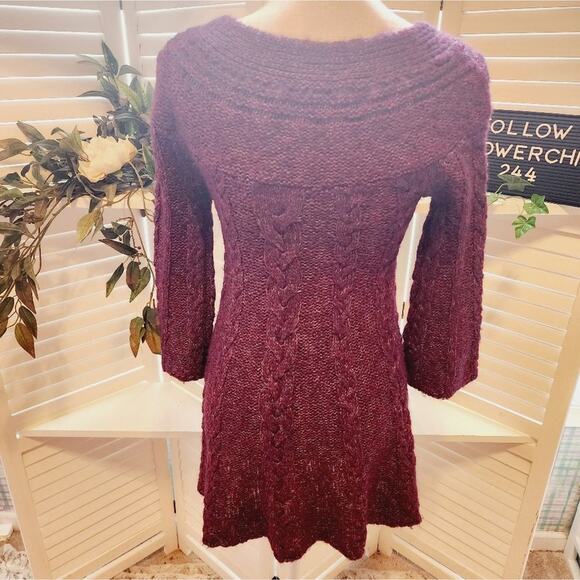 FREE PEOPLE XSMALL PURPLE CABLEKNIT SWEATER DRESS WITH BELL SLEEVES - Picture 4 of 7